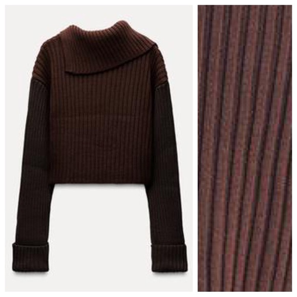 NWT. Zara Two-Toned Brown Rib Knit Cropped Sweater. Size M. - Picture 7 of 11